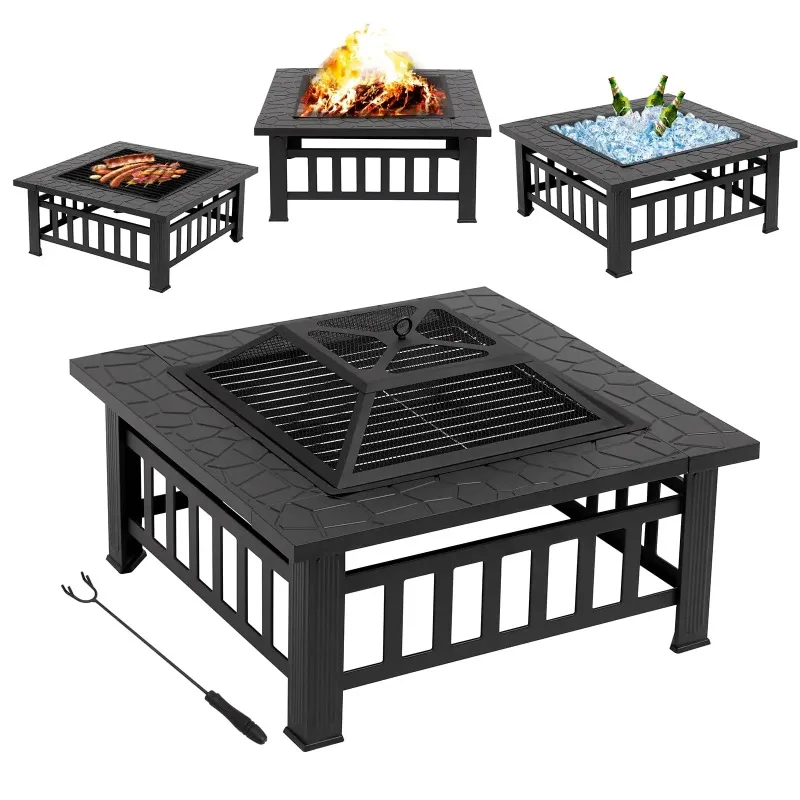 32-Inch Fire Pit Patio Stove Metal Square Firepit with Cover Outdoor Garden