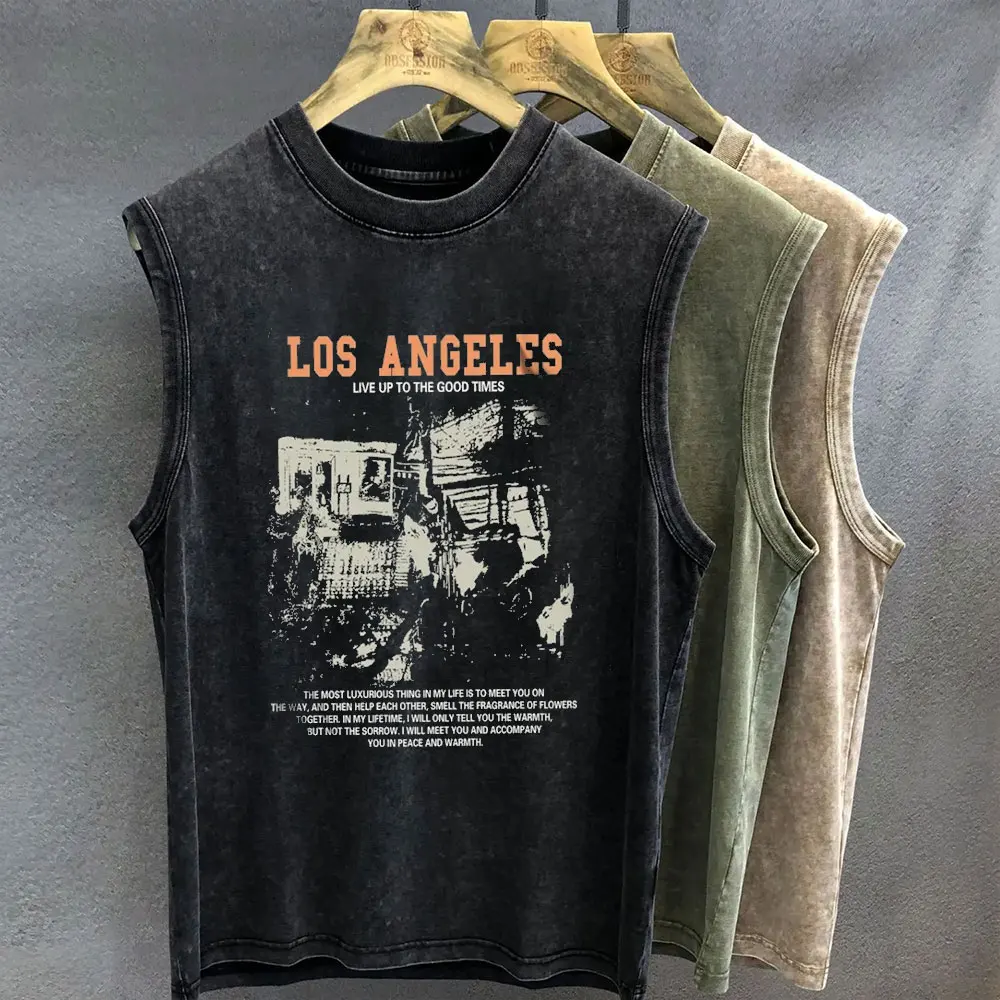 100 Cotton T Shirt for Men Vintage Washed Print Tank Tops Oversized Sleeveless Vest Woman Gym Y2k Clothes Streetwear Summer
