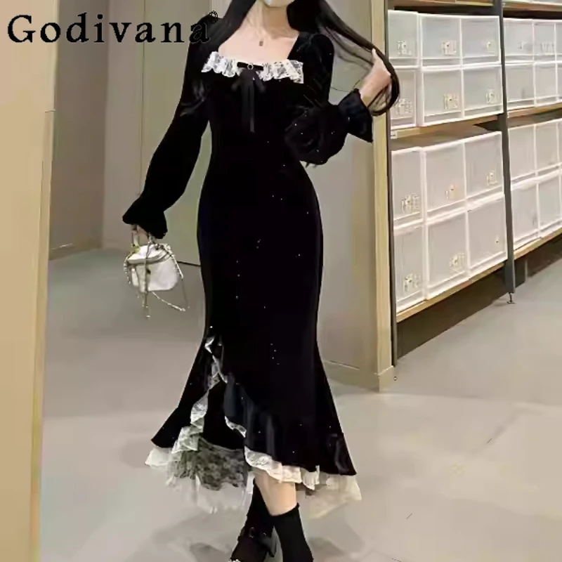 

Large Size Women French Irregular Lace Square Neck Fishtail Velvet Dress Autumn Fashion High Waist A-line Long Sleeve Dresses