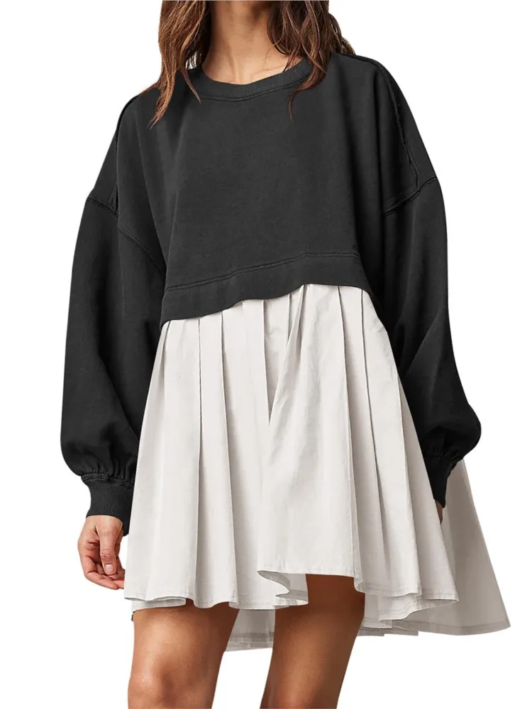 

2025 Autumn Women Comtrast Color Dress Long Sleeve Crewneck Loos Sweatshirt Dress Casual Fashion Patchwork Ruffles Dress Vestido