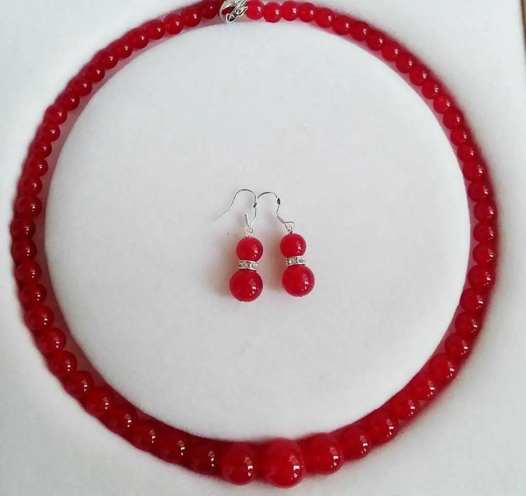 

Fashion 6-14mm Genuine Red Jade Gemstone Round Beads Necklace Earrings Set 18''