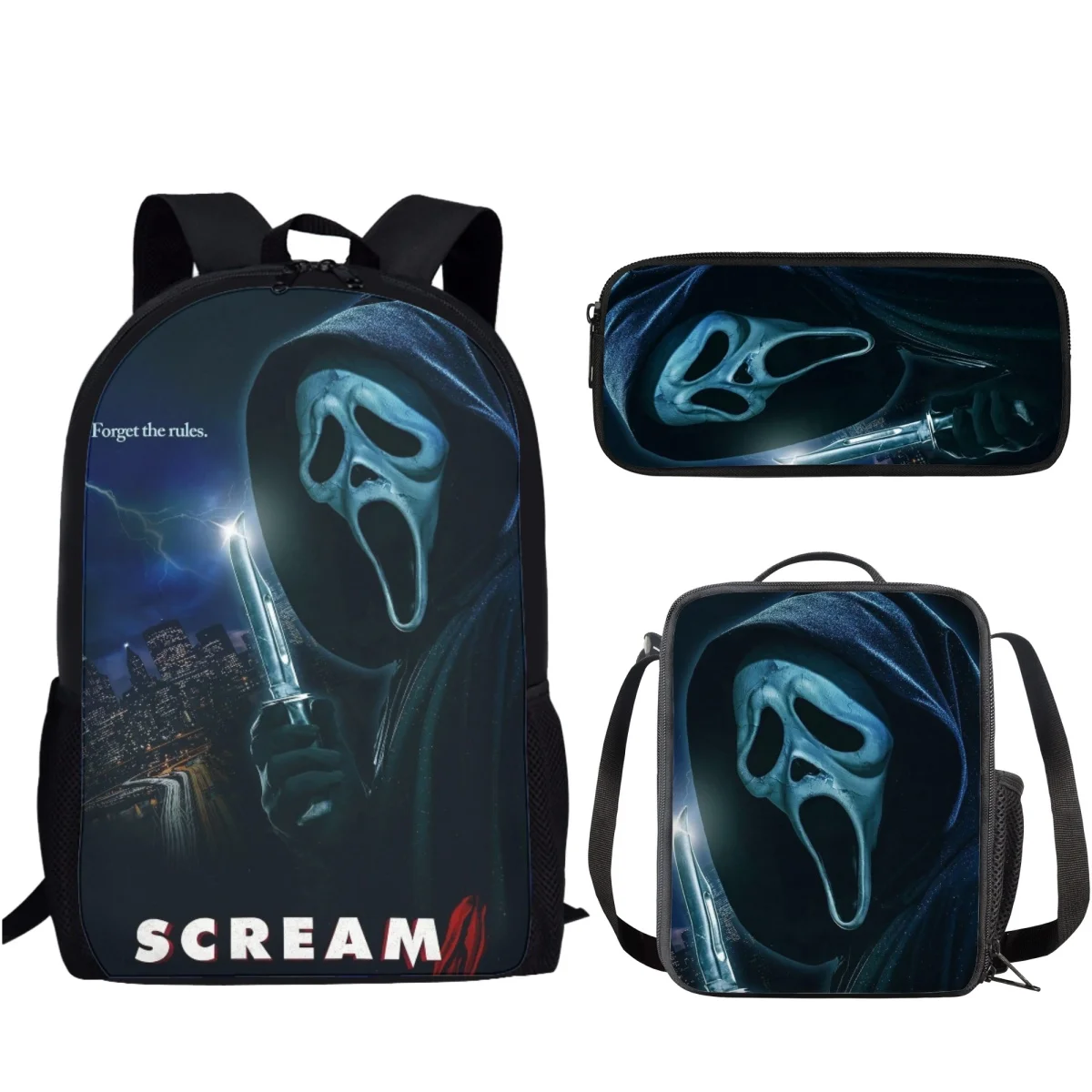 Herror Scream patrón impreso 3 unids/set bolso escolar para niños niñas estudiante Campus almacenamiento diario mochila bolsa de almuerzo bolsa de lápices