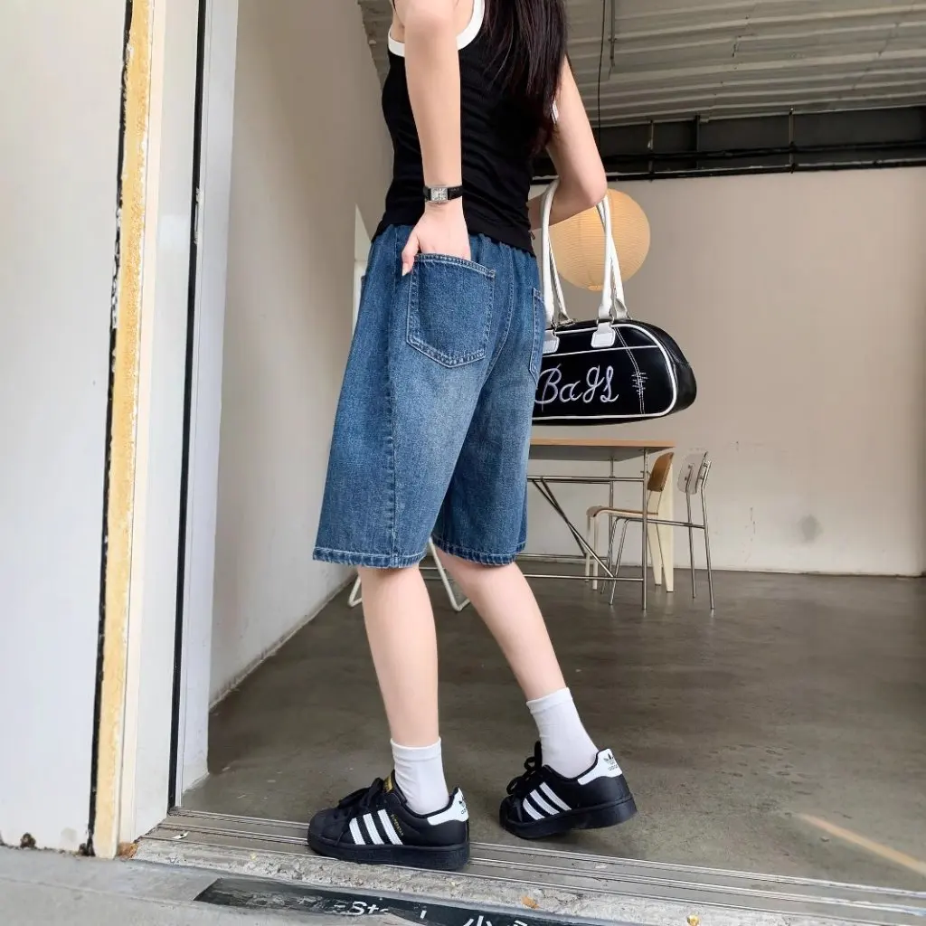 

Women's Classic Retro Denim Shorts American Style Straight-tube Low-waist Elastic Five-point Pants Summer