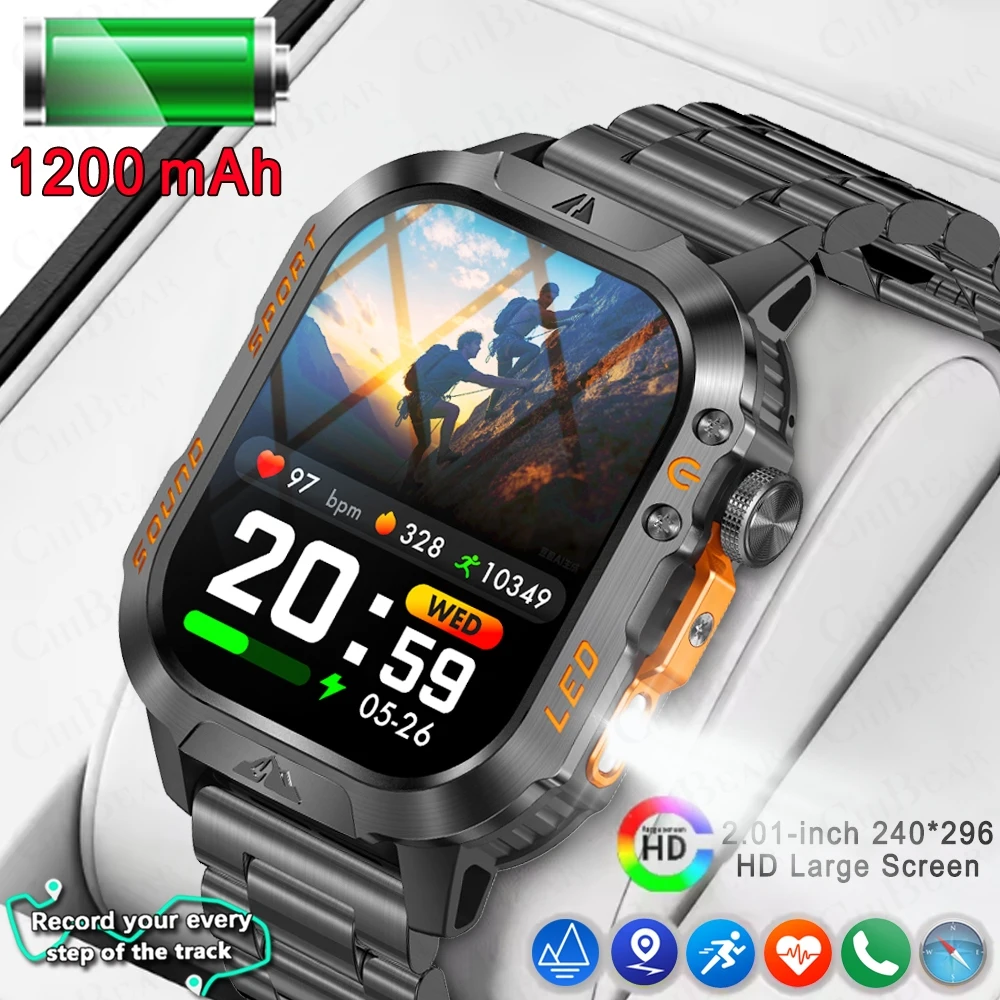 

2026 New 1200mAh Big Battery Smart Watch Men Outdoor GPS Flashlight 5ATM Waterproof Bluetooth Call AMOLED HD Sports Smartwatch