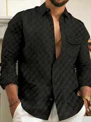 Shirt For Men High Quality Casual Comfort Checkered Chest Pocket Solid Color Lapel Button Long Sleeve Cardigan Tops