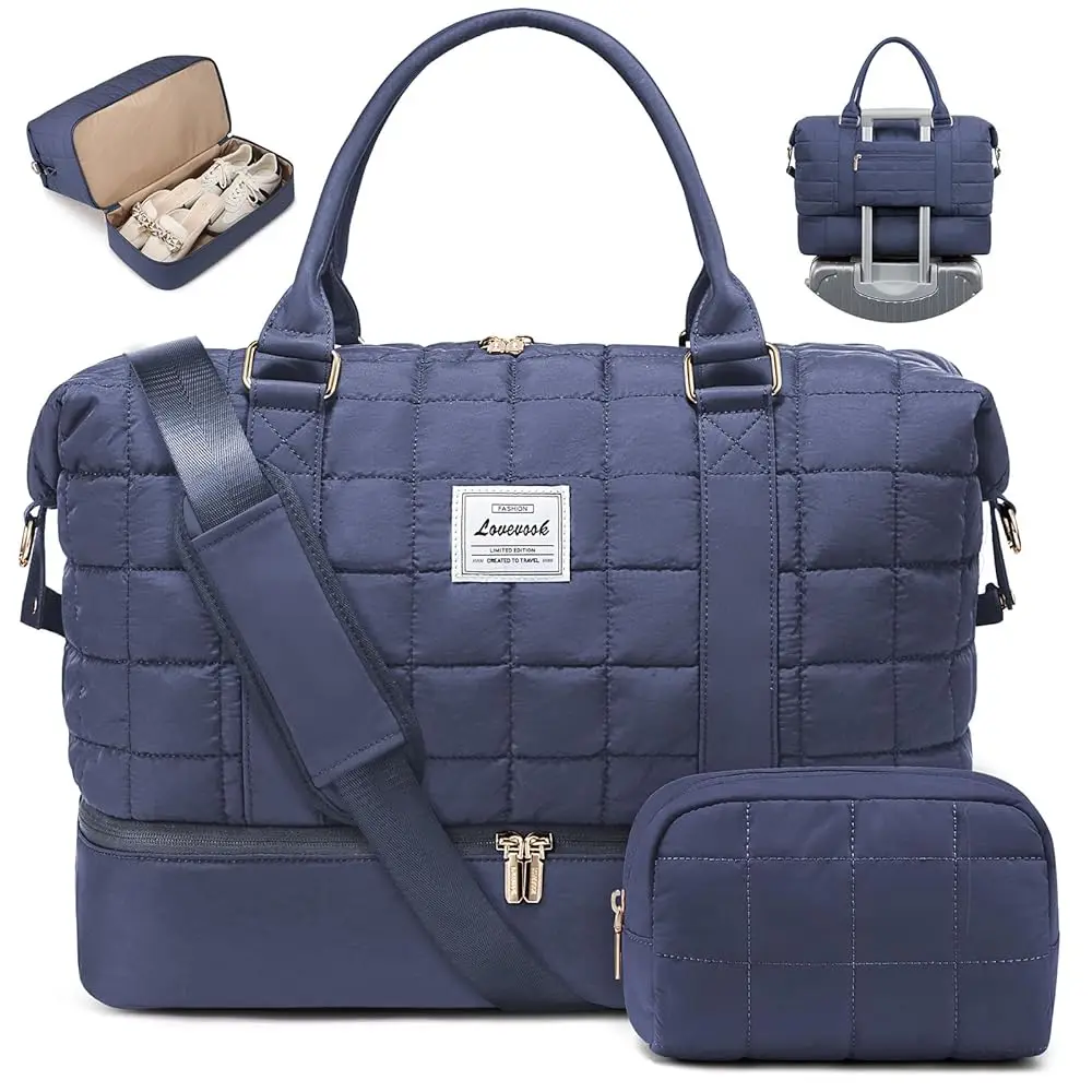 

Travel Duffel Bag - Versatile Weekender Bag for Women, Puffer Carry On & Overnight Bag for Short Trips, Dark Blue