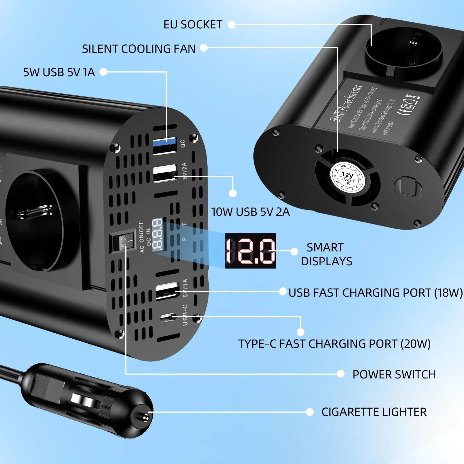 400 W/500 W/1500 W Auto-Wechselrichter DC 12 V auf AC 220 V Konverter, 3 USB 2.0 und 1 USB QC3.0 Steckdose nach europäischem Standard – Detail 13
