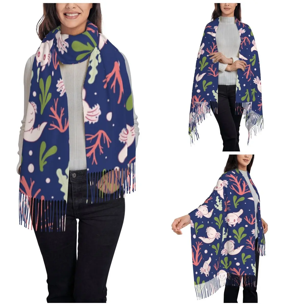 Cute Axolotl Scarf for Womens Winter Warm Pashmina Shawls and Wrap Fish Aquatic Animal Long Large Shawl Scarf for Ladies