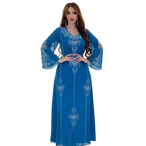 Imagen 2 del producto Abaya musulmana de poliéster para mujer, verano elegante, naranja, azul, rosa, verde, musulmán, manga larga, cuello en V, Abaya larga de poliéster