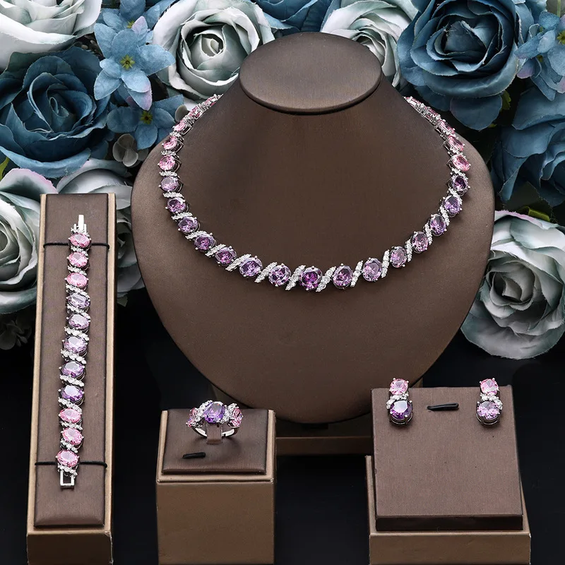 Copper electroplated gold hot-selling wedding banquet jewelry set elegant high-end colorful artificial gemstone necklace bracele