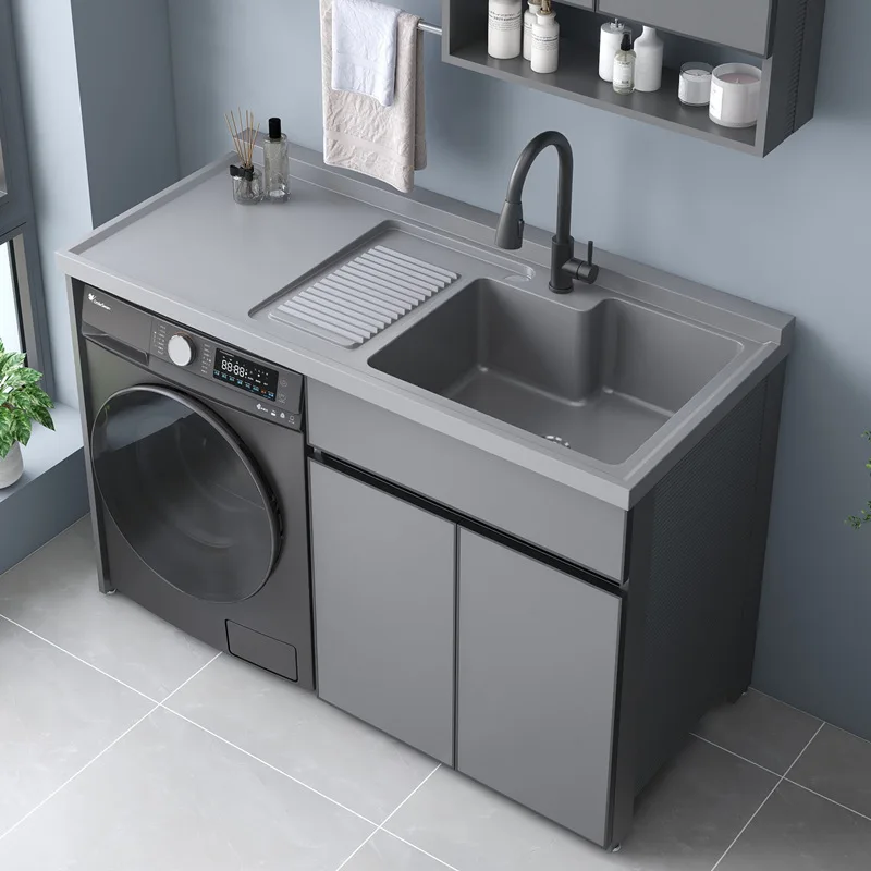 

Space aluminum balcony washing machine cabinet combination drum laundry sink pool table with rubbing board integrated laundry ca