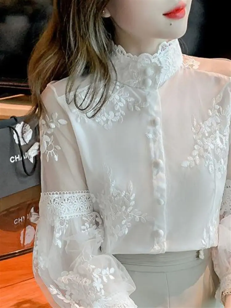 Lente 2024 Geborduurde Kanten Lantaarn Sve Dames irt Design Sensation Small ence Court Sle Long Sve Opstaande Kraag