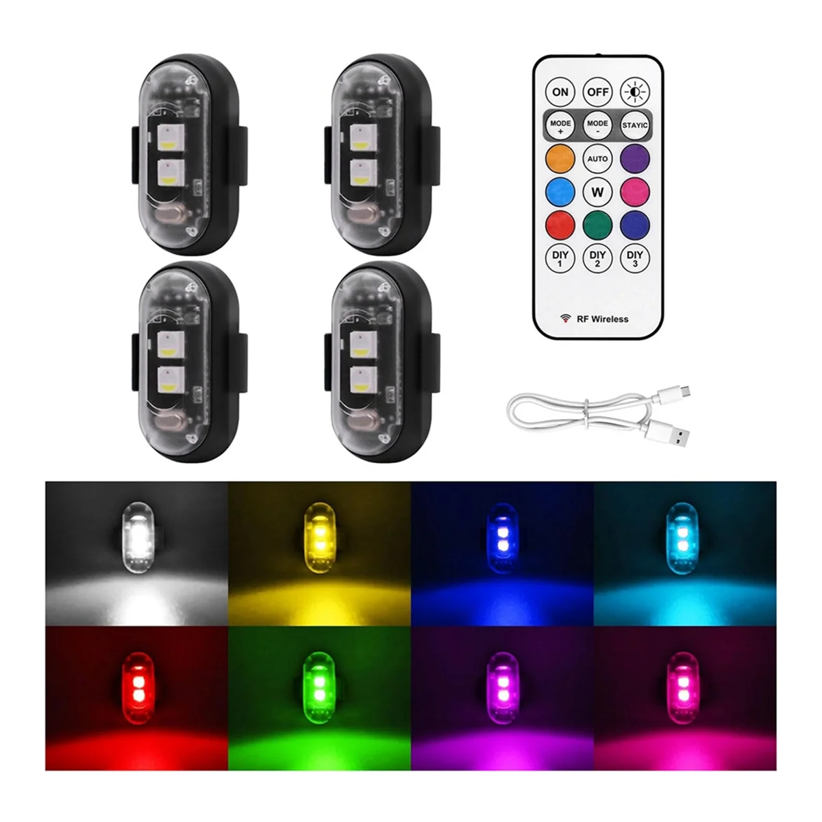 4PCS Wireless LED Strobe Lights with Remote Control, 8 Colors USB Charing Waterproof Emergency Warning Lights