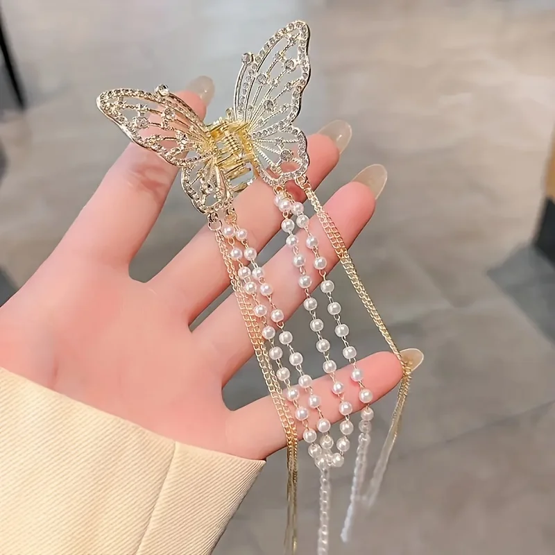 1 Pcs Full Diamond Hollow Butterfly Tassel Hair Accessories, Pearl Bead Chain Back Of The Head Grab Clip, Zinc Alloy Shark Clip