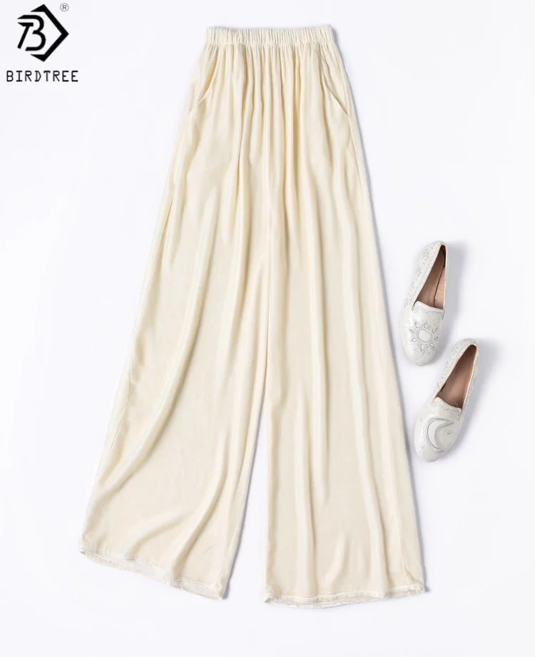

Брюки Birdtree из 100% натурального шелка, бежевые, женские, с эластичным поясом, вельветовые, для повседневной носки, широкие, с карманами, новинка 2025 года P58416JF