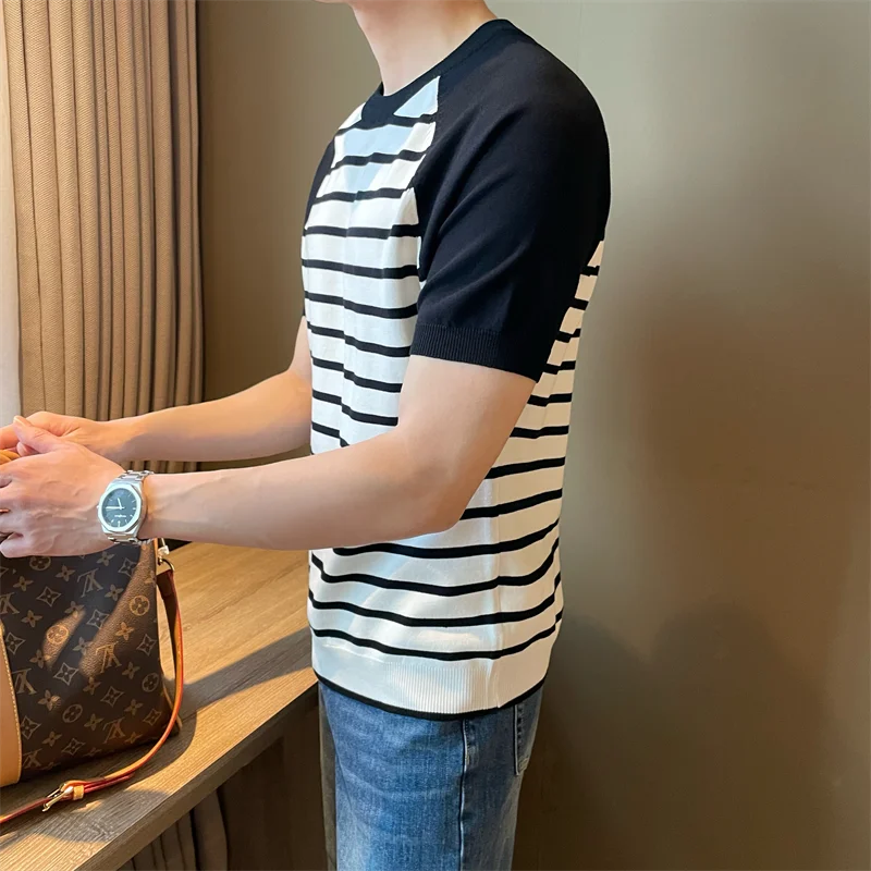 Korean Trend Summer Color Striped Men\'s Round Neck Short Sleeve T-shirt Fashion Loose Casual Versatile Knitted Pullover Top 2024