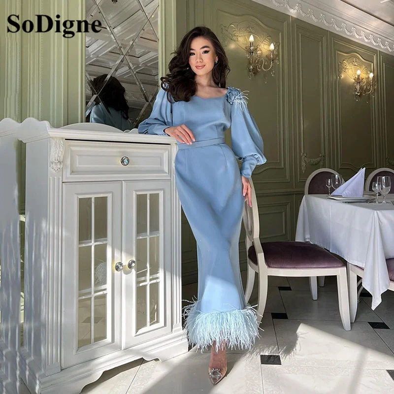 

SoDigne Elegant Scoop Blue Mermaid Evening Dresses With Puff Sleeves Ankle Length Arabic Women Feathers Prom Gowns