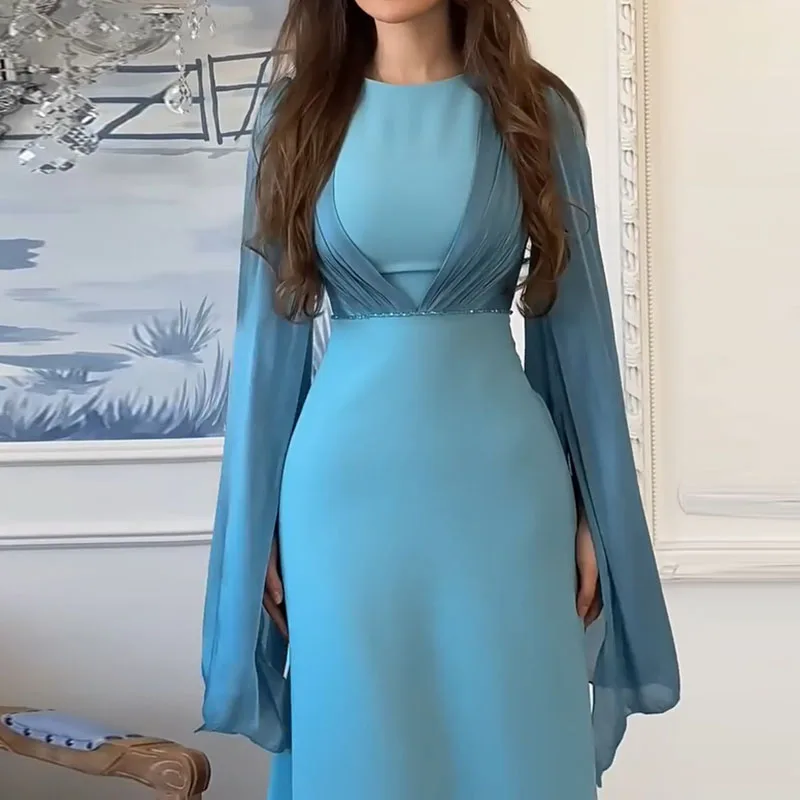 

Casual O-neck Tied Up Waist Evening Dress Fashion High Waist Pleated Maxi Dress Chiffon Autumn Long Sleeved Women's Party Dress