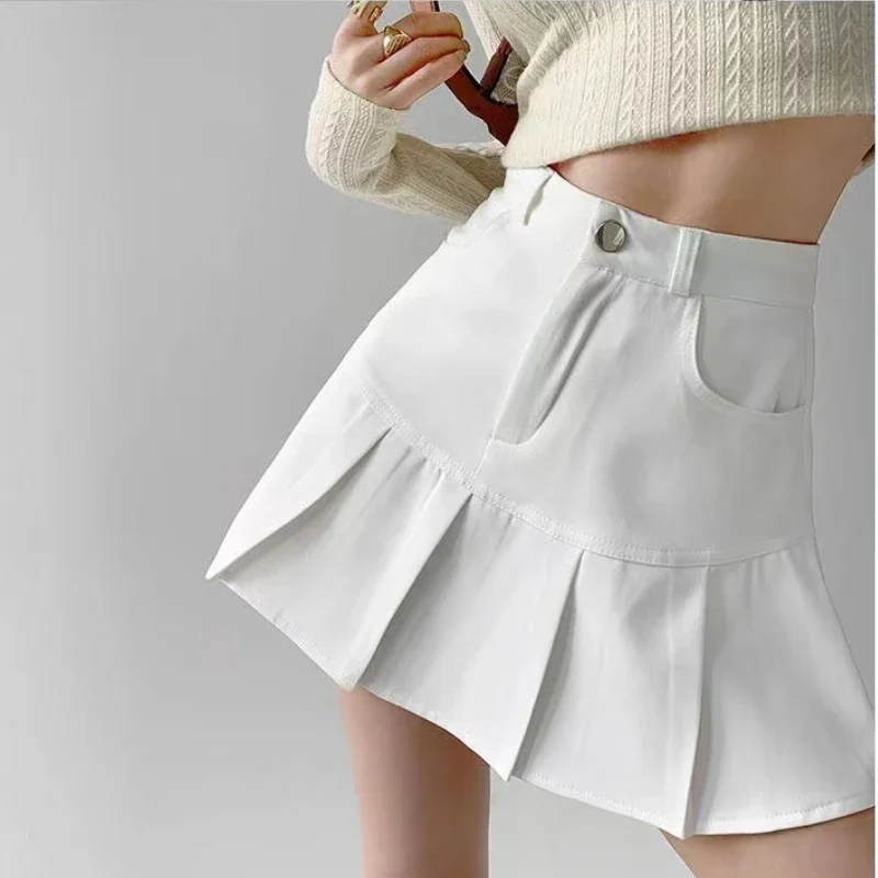 Damska plisowana spódnica z wysokim stanem y2k Summer Casual Kawaii A-line Plaid czarny tenis Japoński mundurek szkolny Mini spódniczki dla dziewczynek