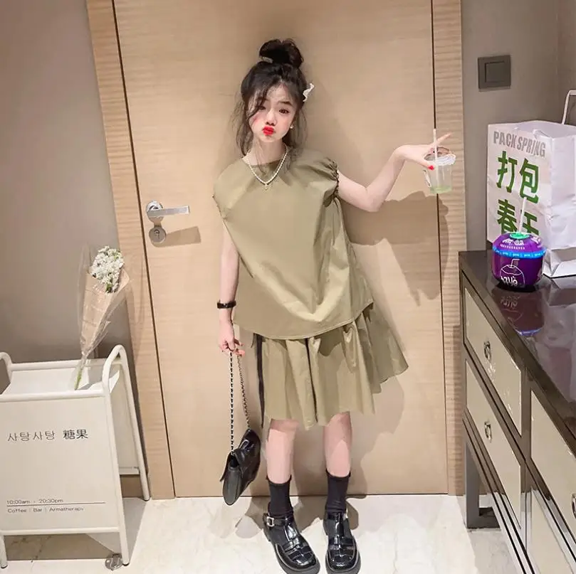 Girl Short Sleeve Shirts + Skirts 2pcs Sets Summer New Khaki Cotton Clothes Children Loose Casual Clothes Teenage Ssuits Wz1167