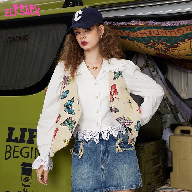 ELFSACK Sailor Collar White Blouses Women 2023 Spring New Long Sleeve Basic Daily Tops