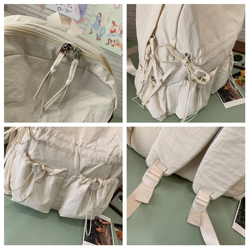 Ransel Kasual Nilon Sederhana Jepang Tas Sekolah Serut Estetika Y2k Antik Ransel Fashion Chic Cocok untuk Siswa