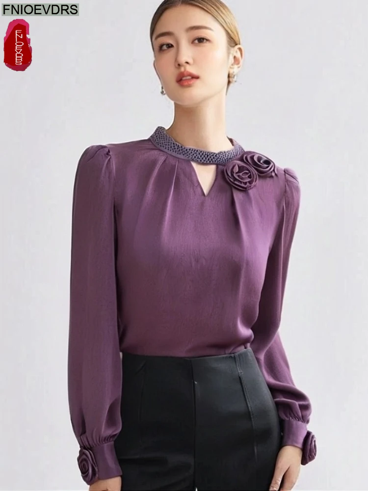 

Purple Tops Blouses New French Design Women 2025 Autumn Long Sleeve Solid Hollow Out Eegant Office Lady Basic Shirts