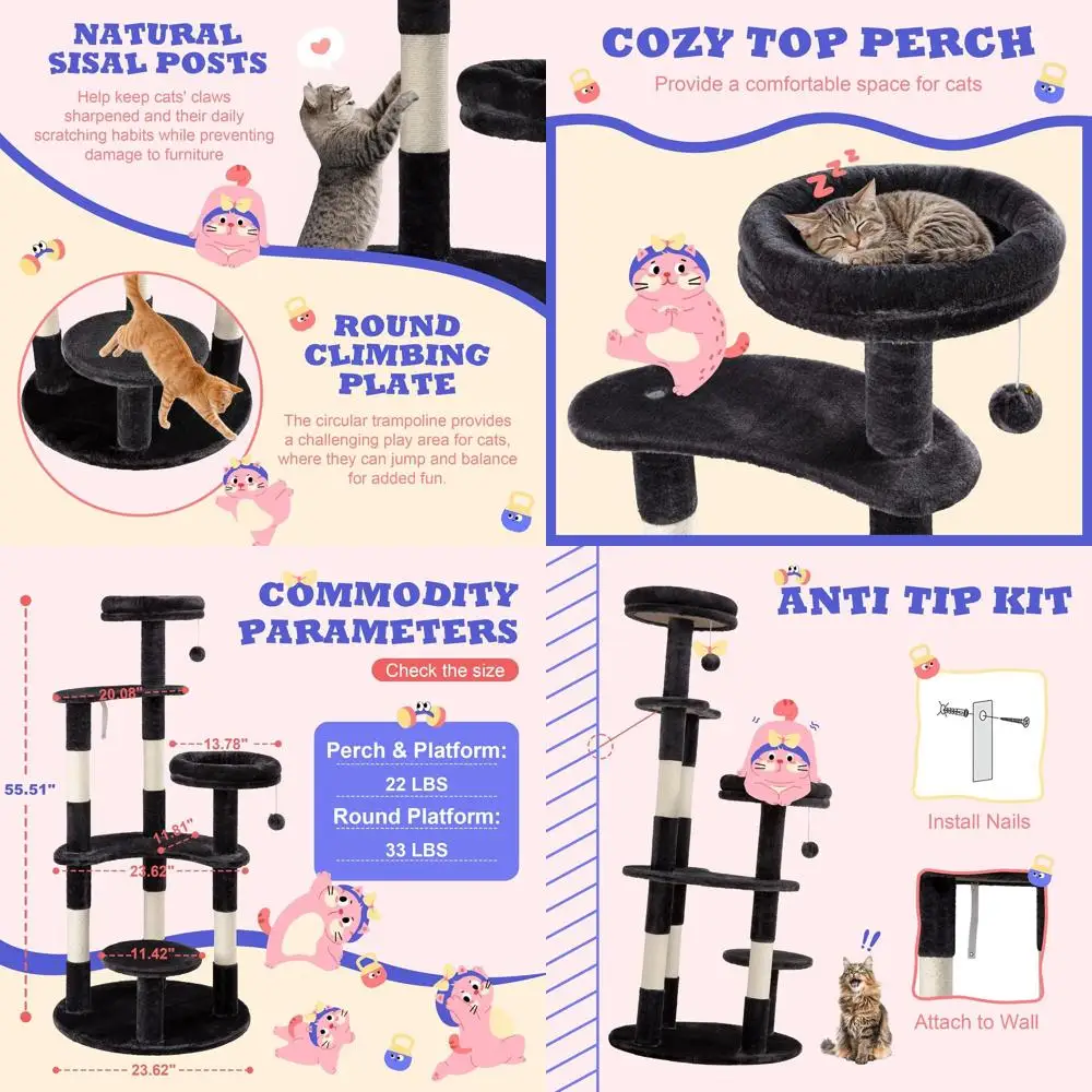 

55.5 Multi-Level Grey Cat Tree with Sisal Posts, Plush Perches, Jumping Board, and Activity Center