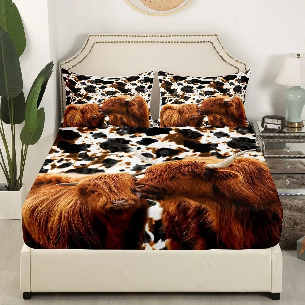 Milk Cow Print Sheet Set, Farmhouse Animal Skin Highland Cattle Fitted Sheet, Decor Fabric Bedding Deep Pocket with 2 Pillowcase