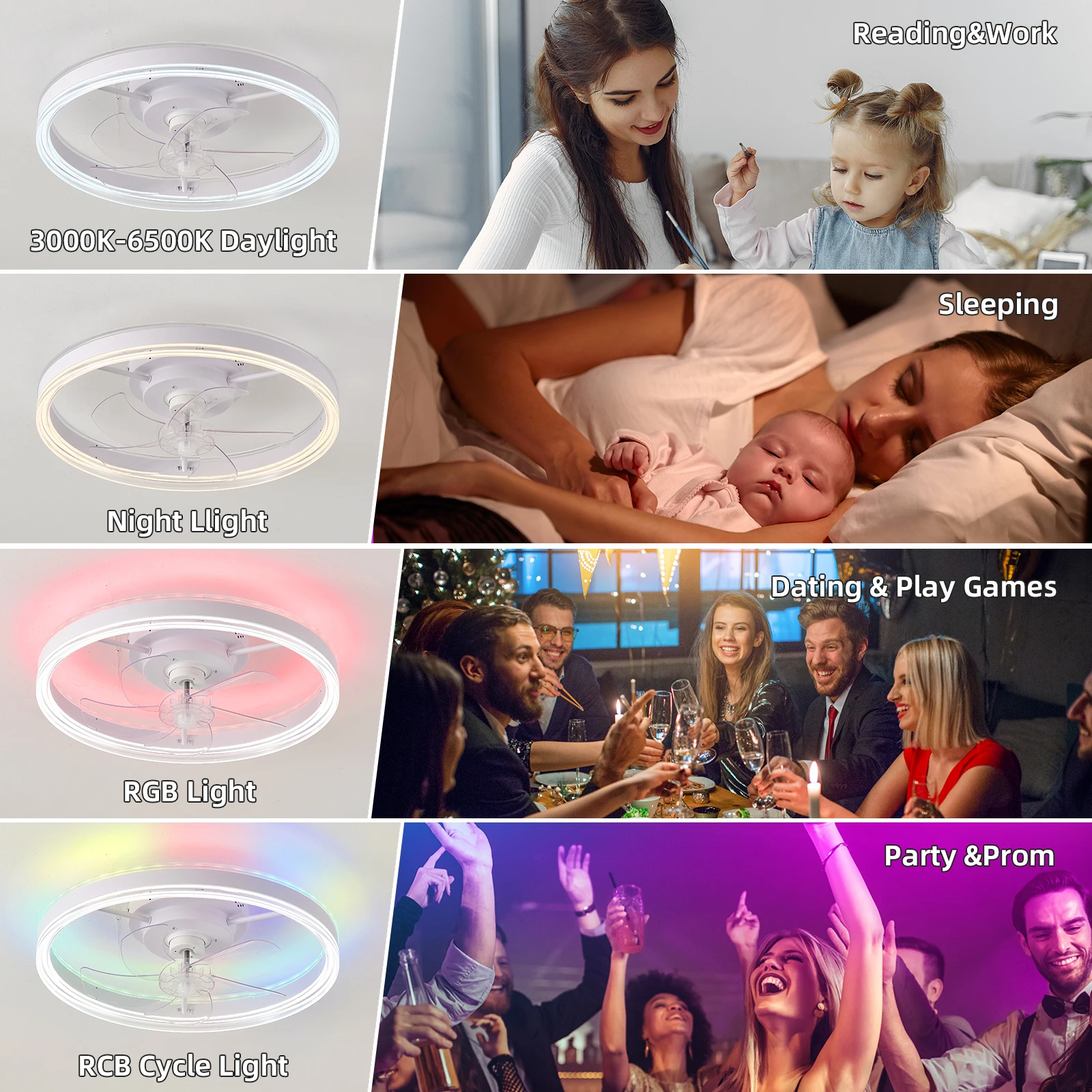 19.7 Inches Fan Light Rgb Color Lights Three Color Temperature 6-Speed Adjustable Wind Power Positive And Negative Rotation 110V