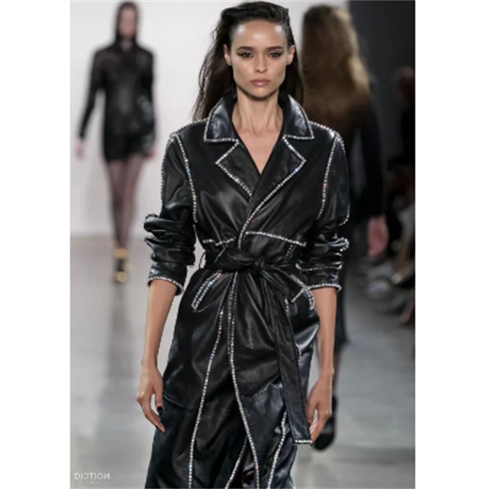 Trench Coat de couro longo com cinto para senhoras, pele de carneiro, Diamond Runway