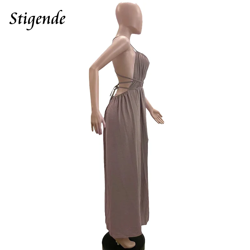 Stigende Women Spaghetti Strap Drawstring Long Dress Sexy High Split Backless Loose Cami Dress