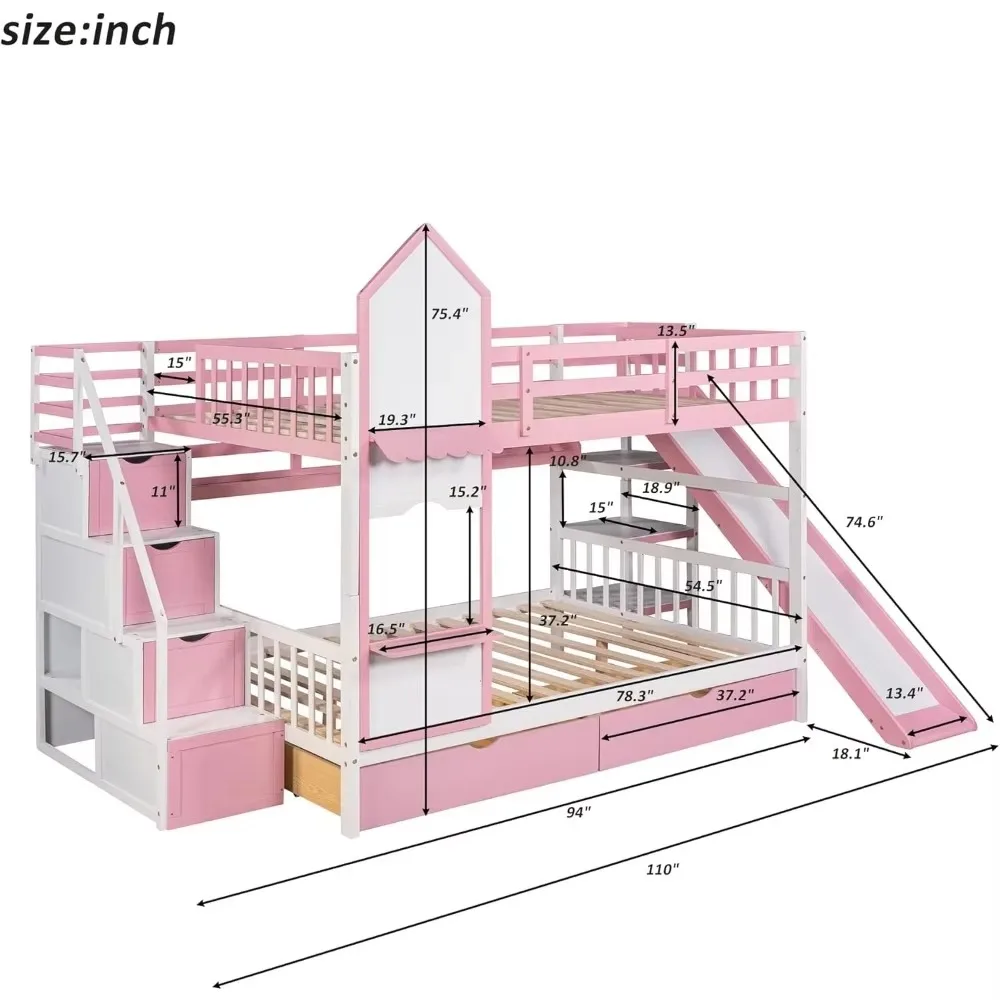 Cama rosa completa, beliche estilo castelo com 2 gavetas e 3 prateleiras, beliche de madeira maciça com escorregador e escada de armazenamento