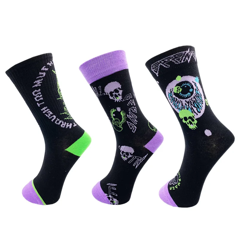 

3 pairs men crew socks Halloween gifts Terror skeleton casual street skateboard couples unisex letter cotton calf women's socks