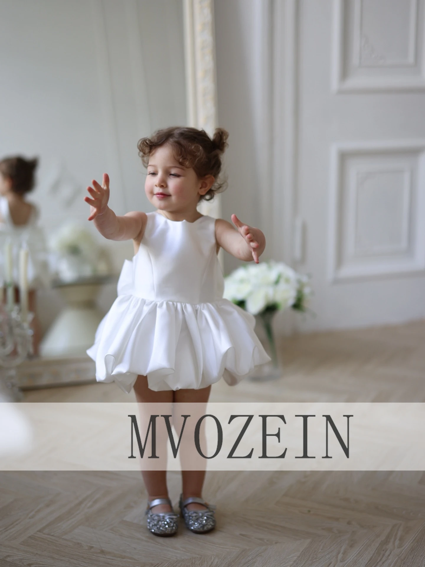 MVozein White Satin Flower Girl Dress Elegant Kids' Dresses Cute Girl Dresses for Wedding Party