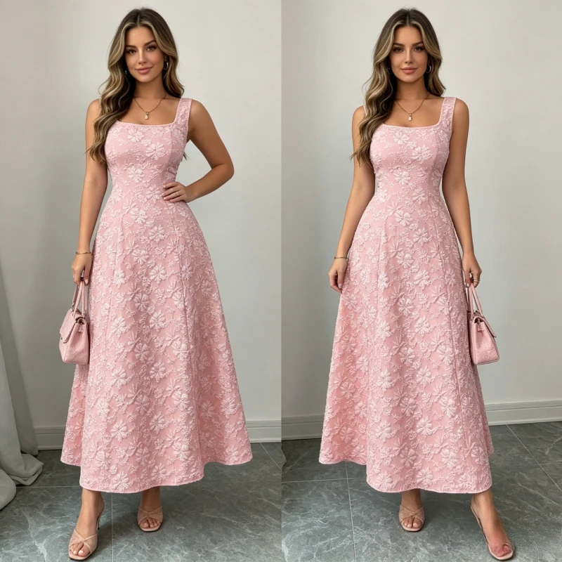 

Long Dress Women Party Dresses Sleeveless Square Collar Jacquard Floral A Line Summer Elegant Vestidos Maxi Gown 2026 Sundress