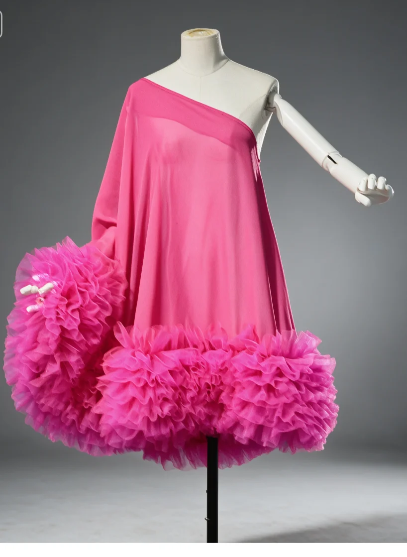 One Sleeve Chiffon Mini Dress Fluffy Tulle Ruffle Hem Skirt Birthday Party Wedding Photoshoot Stage Performance Fashion Costume