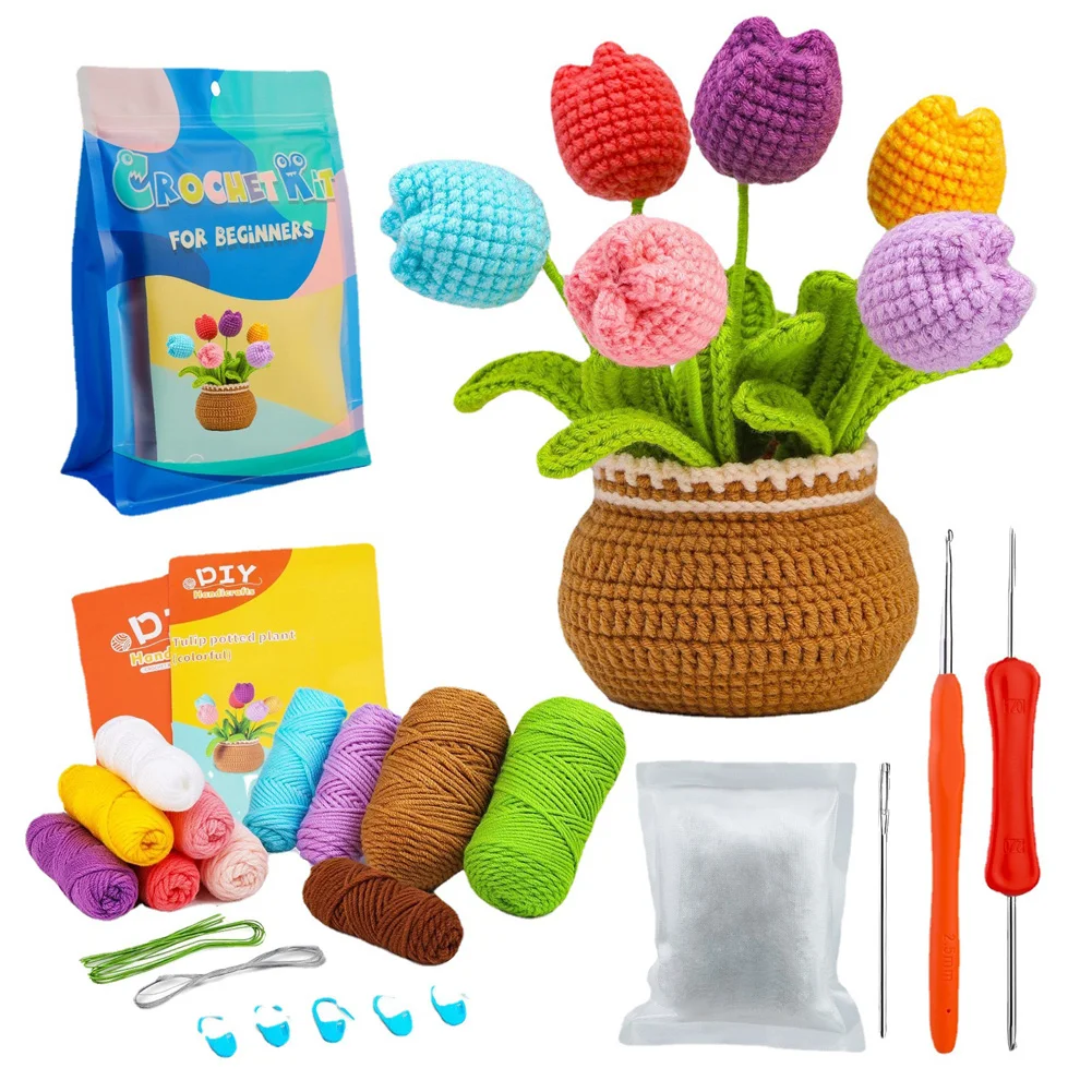 

Handmade Crochet Yarn Woven Bouquet Knitted Potted Plant Tool Kit Flower Plush Toys Home Decoration