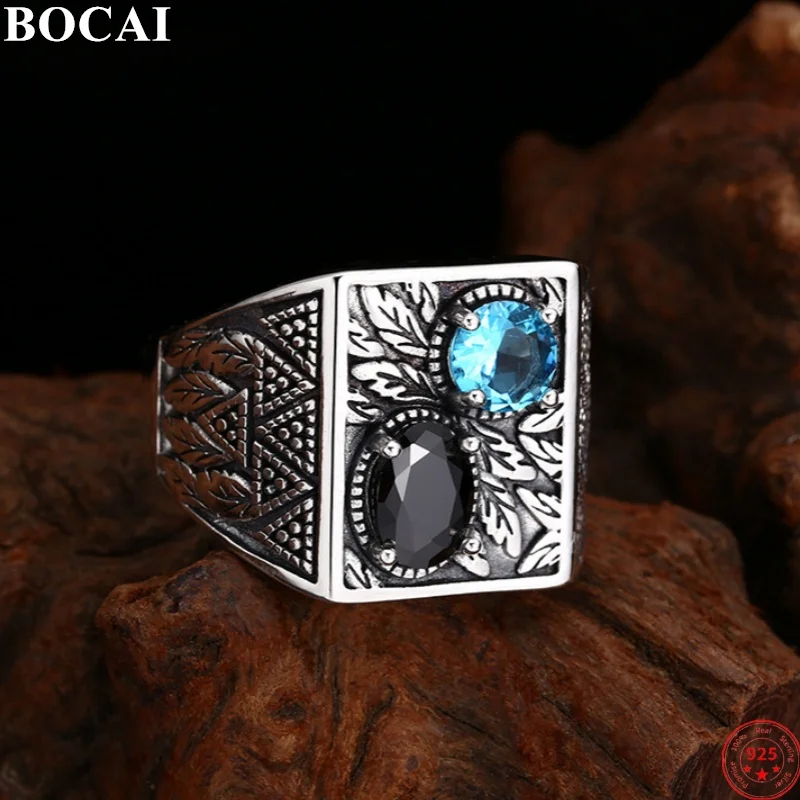 BOCAI S925 Sterling Silver Charms Rings for Men Retro The Fruit of Victory Pattern Inlaid Zircon Fashion Jewelry ﻿Wholesale