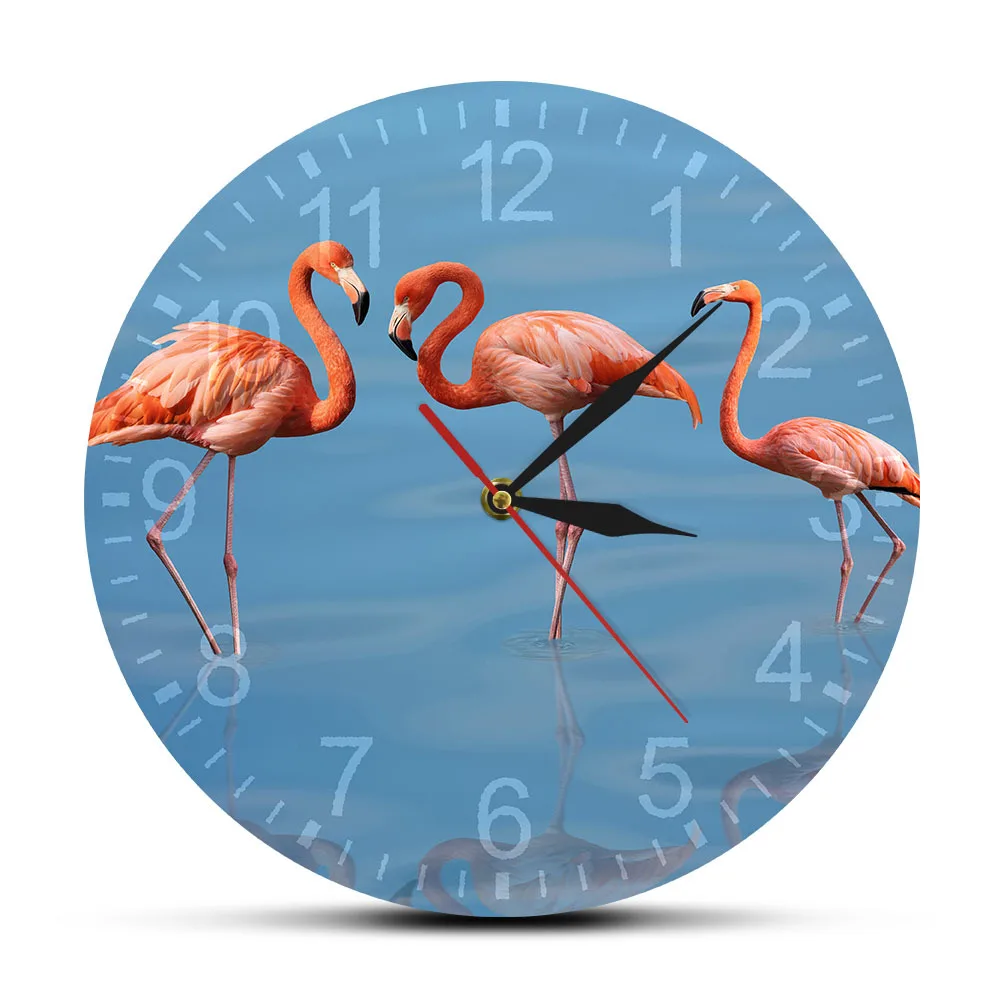 Pink Flamingo Wall Clock Tropical Blue Water Birds Silent Quartz Watch Living Room Bedroom Beach House Decor Bird Lover Gift