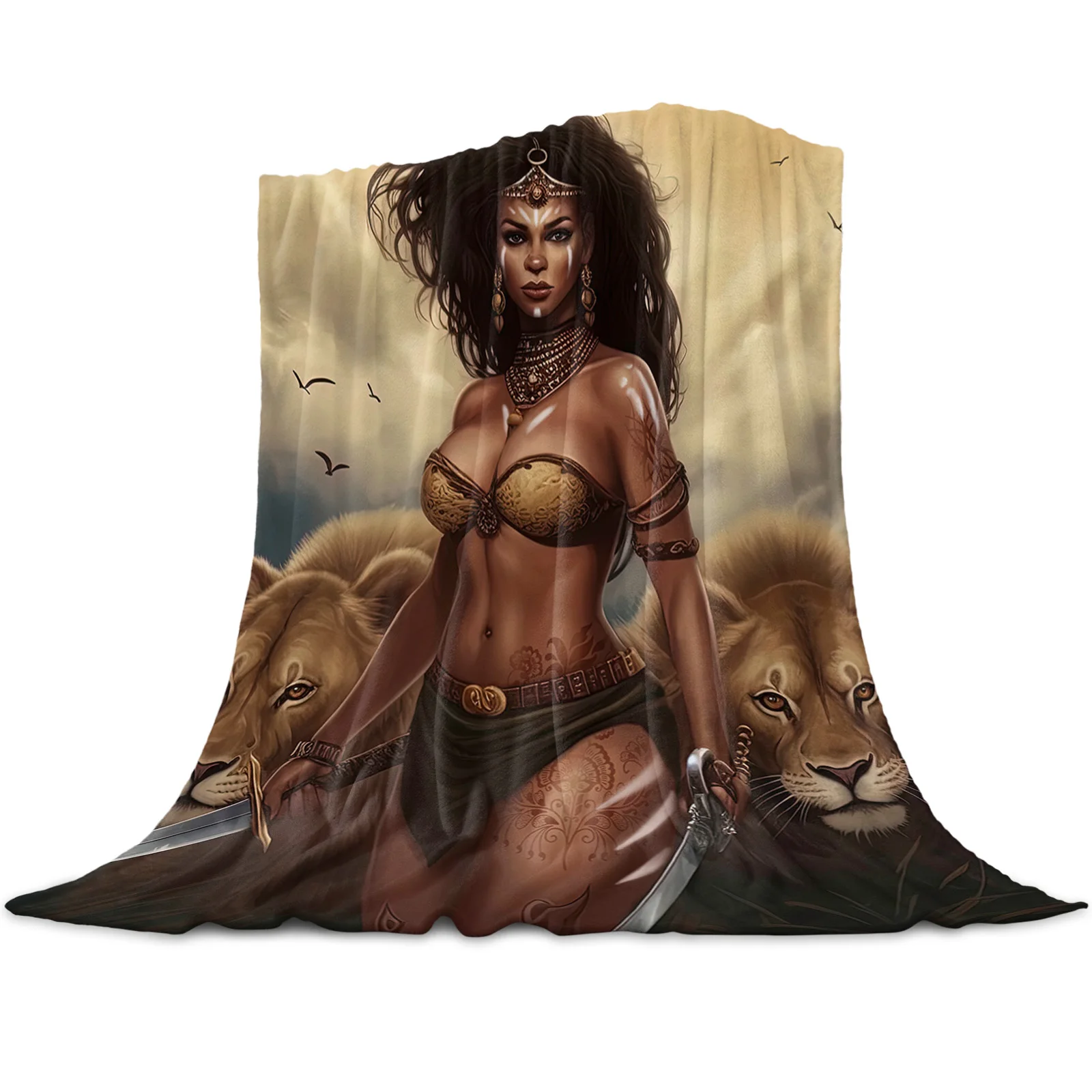 African Savanna Woman Lion Printed Throw Blanket Flannel Fleece Blankets Warm Soft Throws for Sofa Couch Bed Bedroom Bedspread