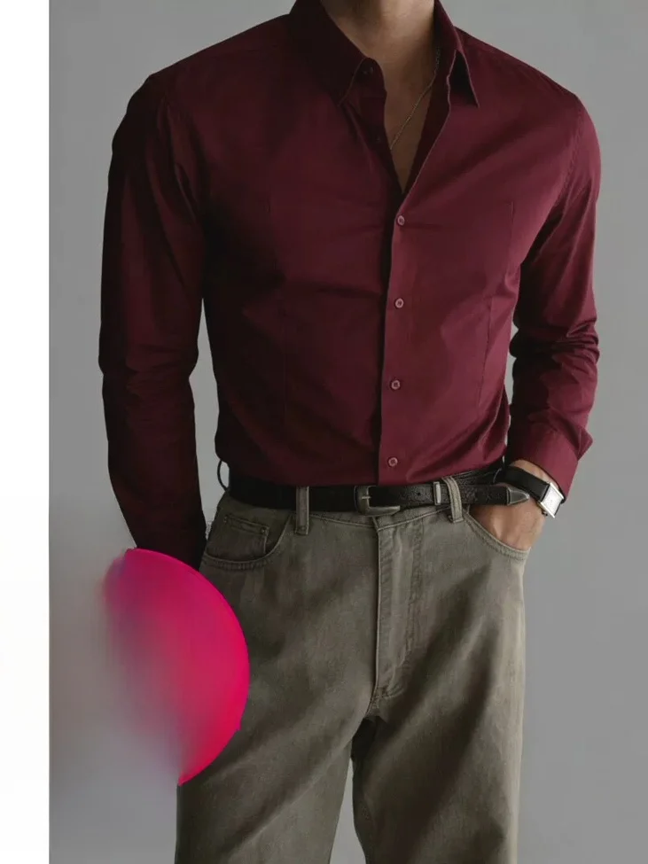 

Red Wine Color Slim Fit Long Sleeve Men's Shirt American Business Casual Commute Anti Wrinkle Workwear Cardigan Style Shirt