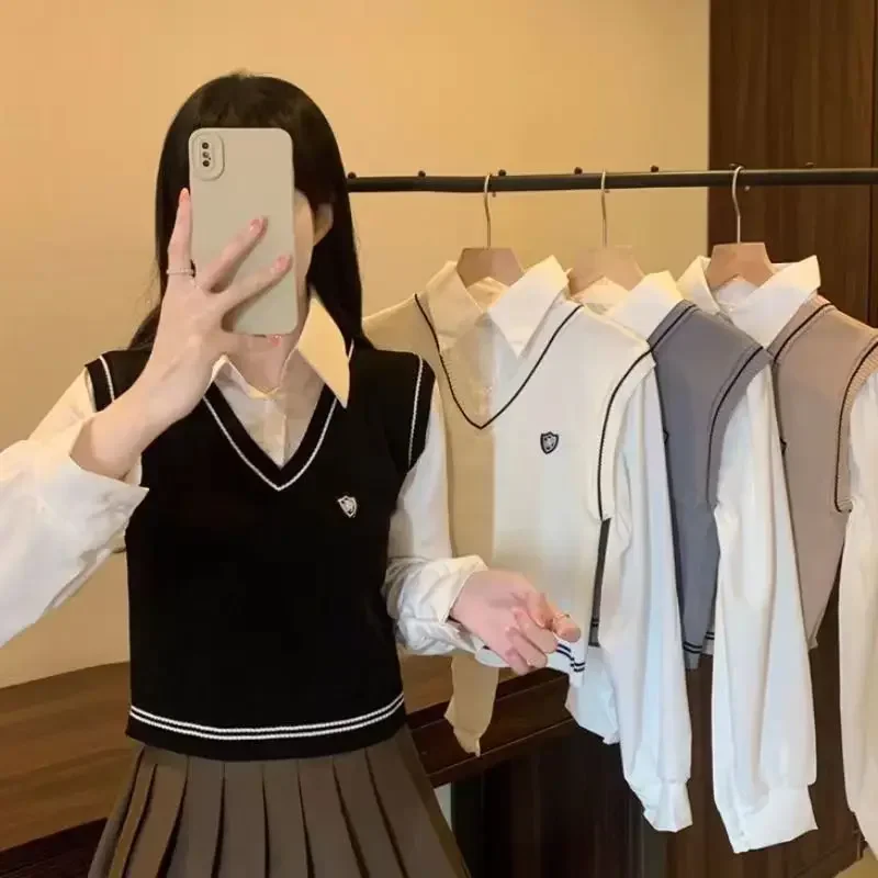 

Preppy Style Women's Sweater Vest Shirt Fake Two Pieces Turndown Collar Long Sleeved Pullovers