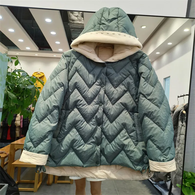 Winter Warm Thick White Duck Down Jacket Parkas Women Single-breasted Knitted Patchwork Hooded Down Coat Female Puffer Outwears