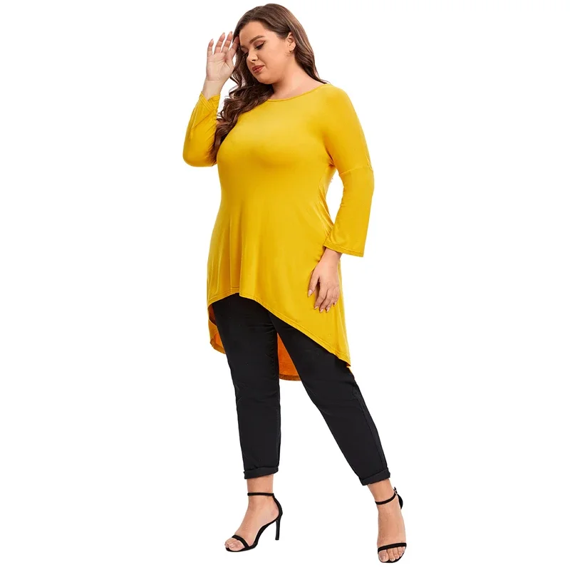 Plus Size Long Sleeve Elegant Spring Autumn Tunic Blouse Women Long Hi Low Fit Flare Swing Tops Large Size Loose T Shirt 7XL 8XL