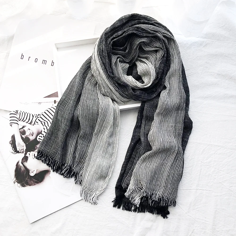Autumn and Winter Japanese Literary Style Striped Cotton Linen Silk Scarf Women's Scarf Korean Atmosphere Men's Scarf
