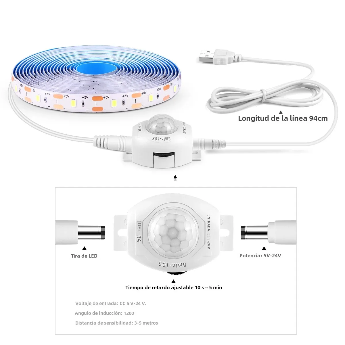 Tira de luces LED USB de 5V resistente al agua SMD2835 con Sensor de movimiento PIR sensible tiempo de retardo ajustable para cocina dormitorio pasillo