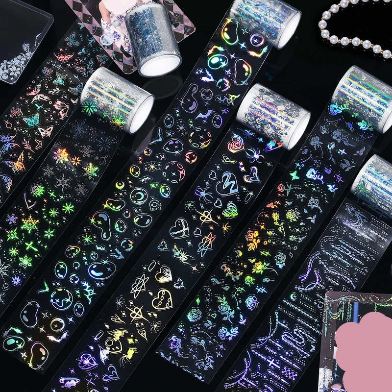 12 أنماط مرآة مزدوجة سلسلة الحيوانات الأليفة يموت قطع ملصق أشرطة الليزر الساخن تحجيم الفضة الأبيض شريط حبر ملصقات المواد الزخرفية