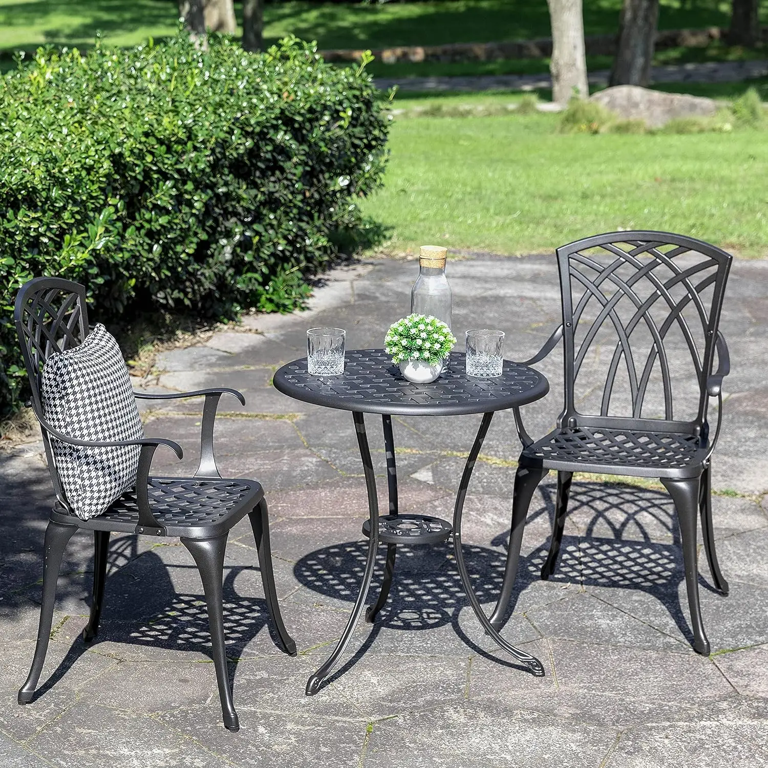 3 Piece Cast Aluminum Bistro Table and Chairs Set with Umbrella Hole Bistro Set of 2 for Patio Backyard