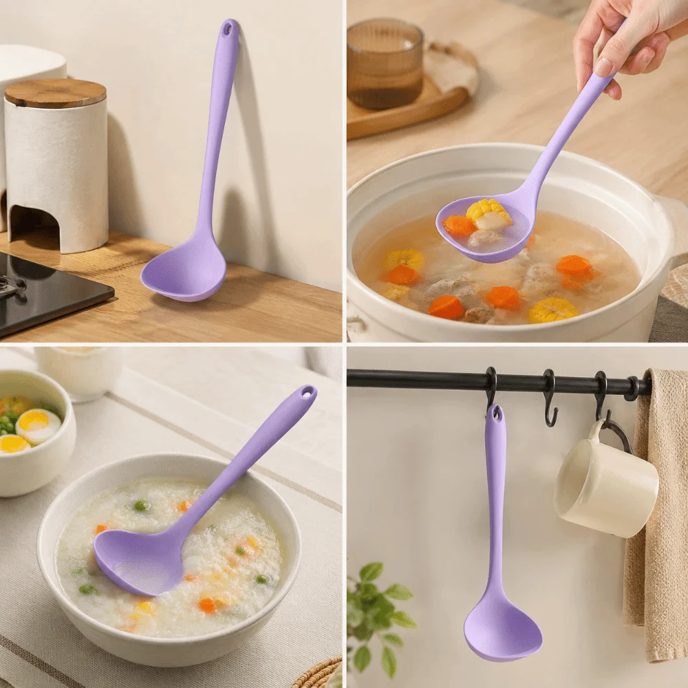 Soft Silicone Soup Ladle Round Wide Spoon Head Non-scratch Pan Kitchen Utensil Non-slip Handle High Temperature Endure